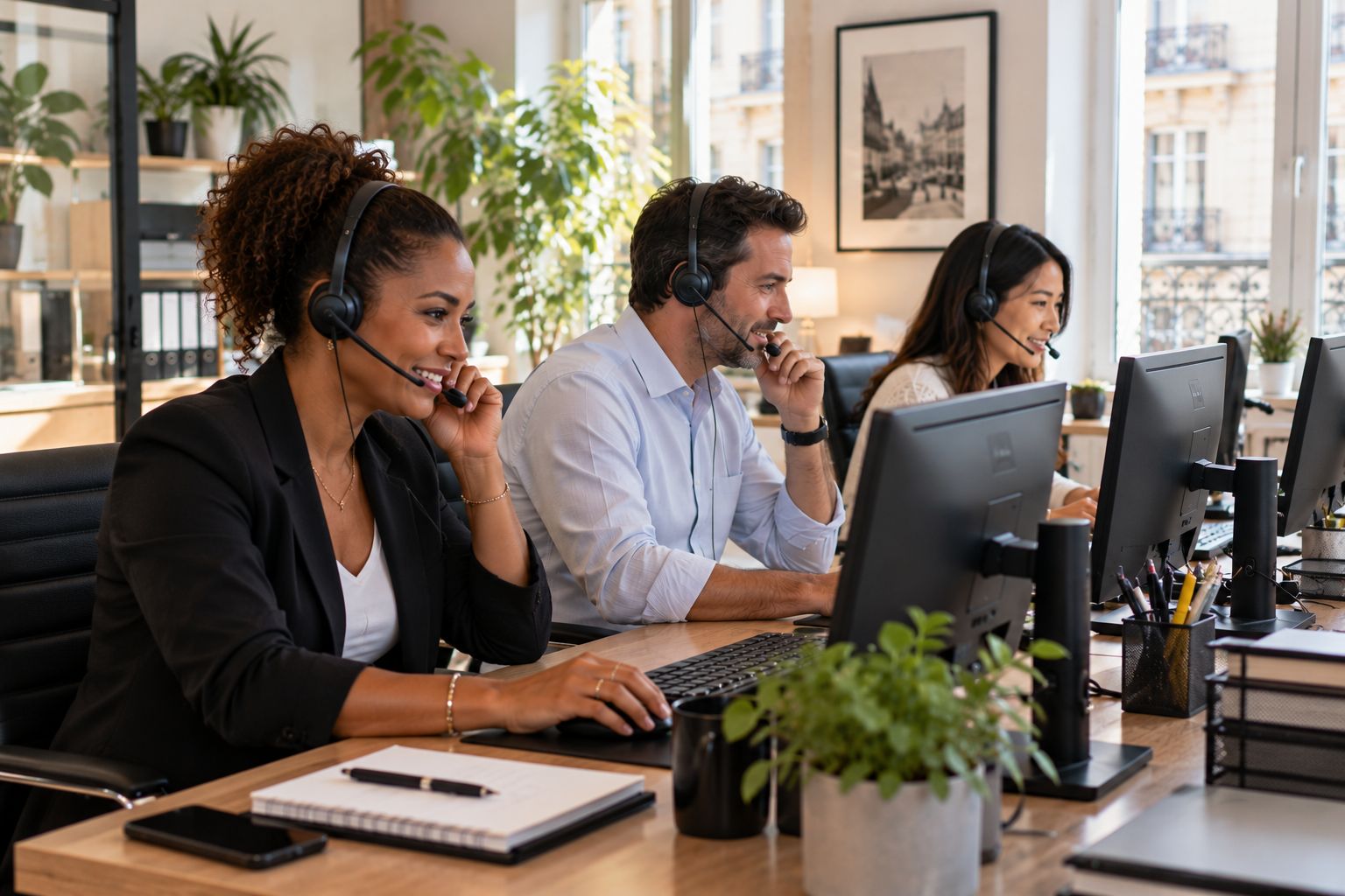 Équipe d'assistance technique au téléphone avec des clients