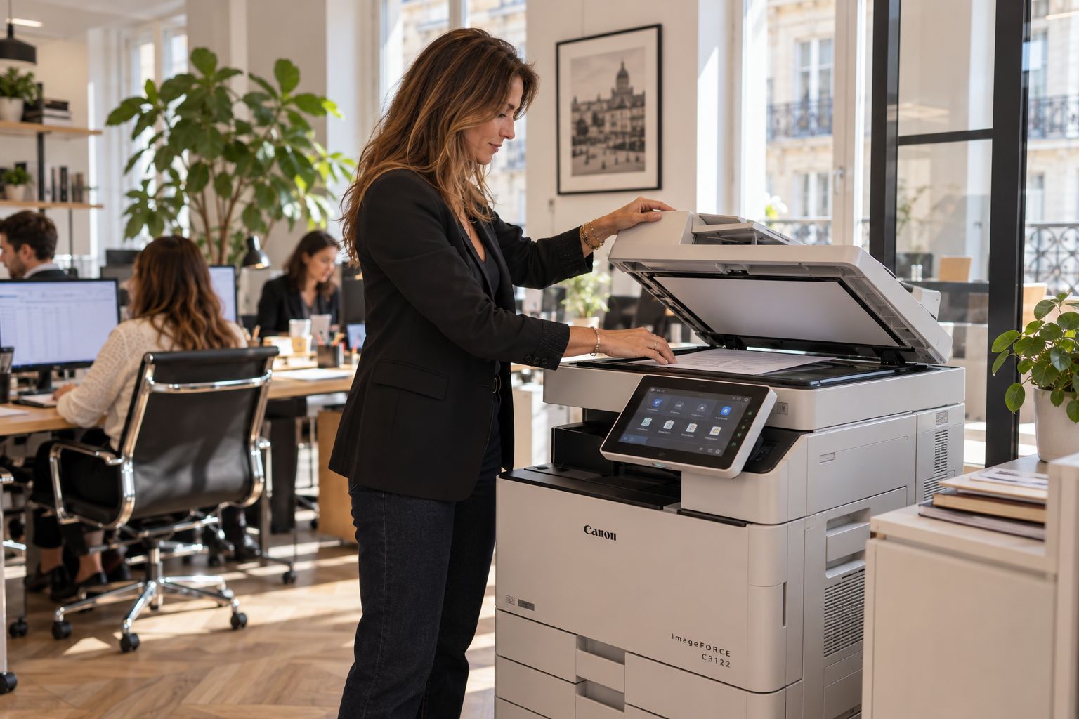 Utilisatrice devant un multifonction Canon