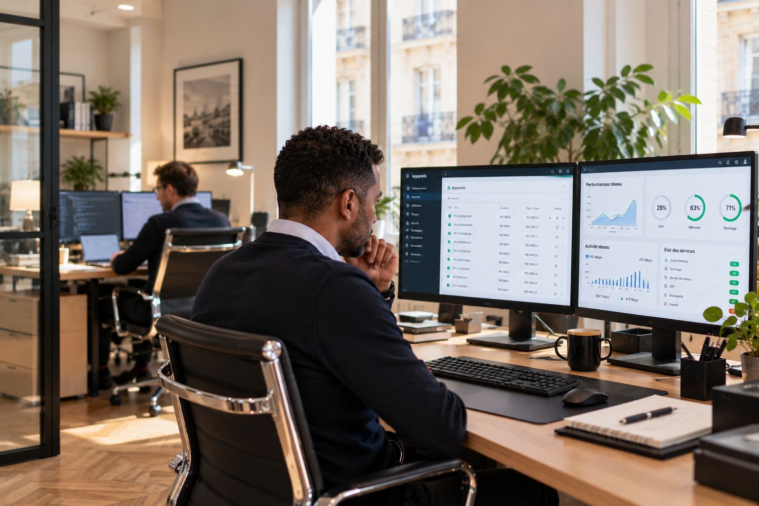 Collaborateur surveillant l'état du réseau et des équipements informatiques